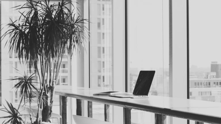 Modern structural engineering workspace with a laptop on a desk, overlooking the city through large windows. A potted plant adds a touch of greenery